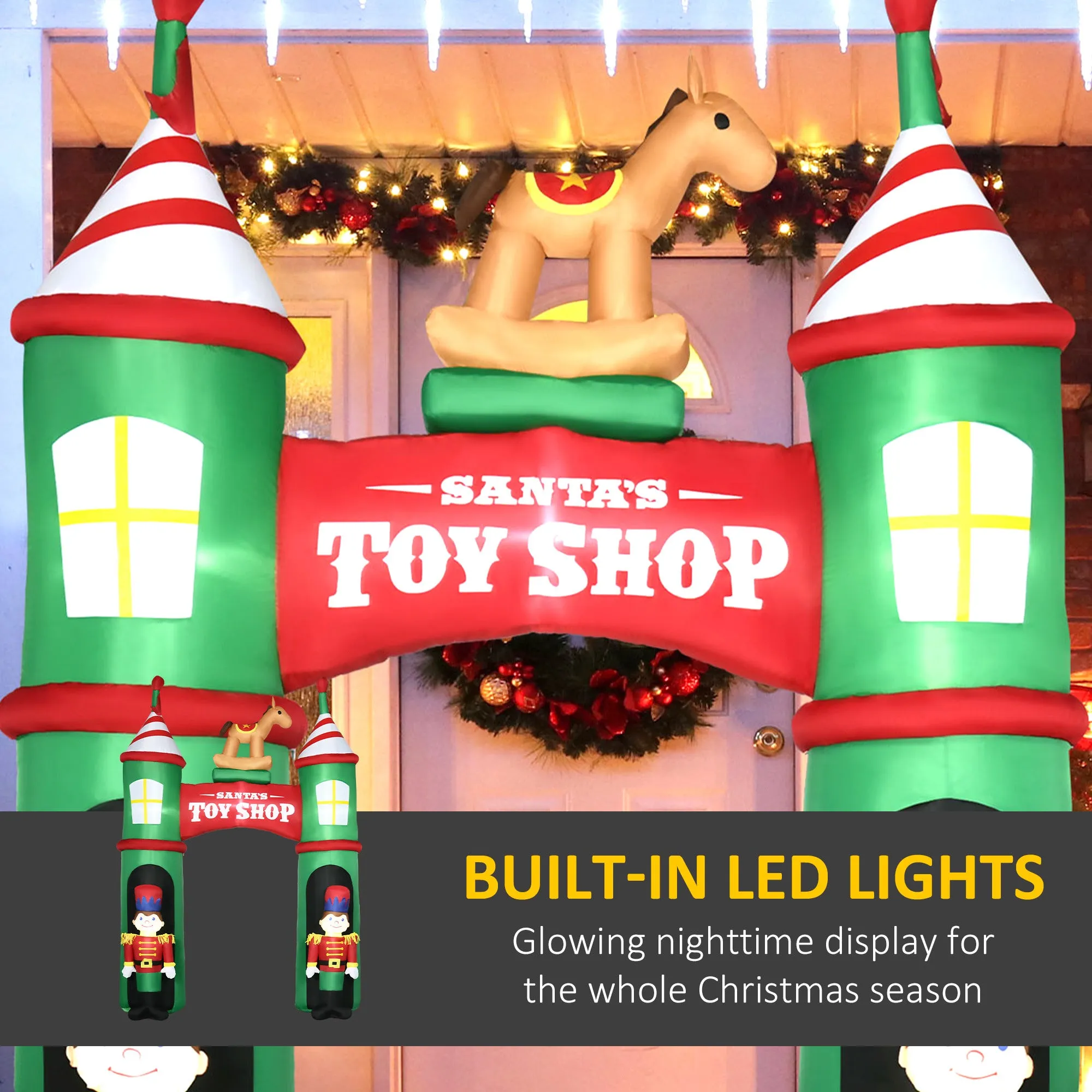 11.5ft Christmas Inflatables Outdoor Decorations Archway with 2 Nutcracker Soldiers Rocking Horse, Blow-Up LED Yard Christmas Decor for Lawn Garden Party