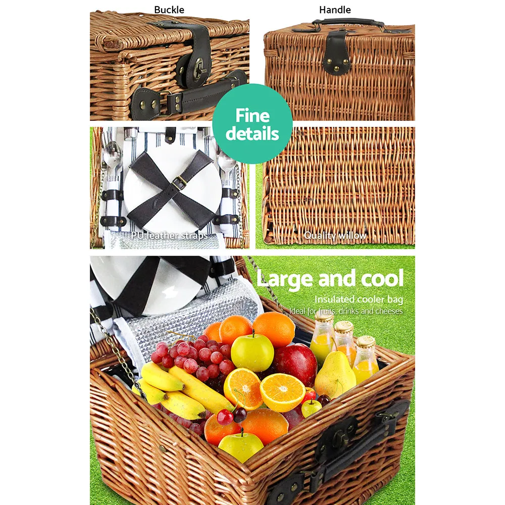 Deluxe 2-Person Willow Picnic Basket Set with Insulated Cooler Bag and Blanket for Alfresco Dining