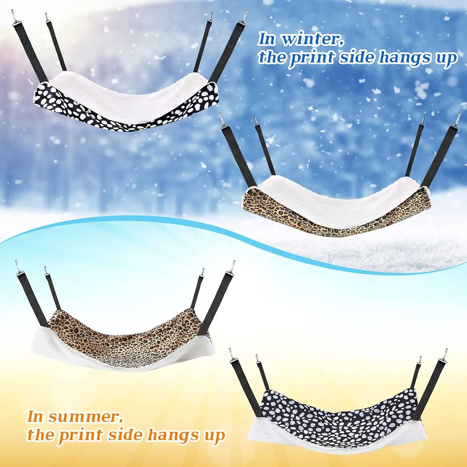2 Pieces Reversible Cat Hanging Hammock Soft Breathable Pet Cage Hammock with Adjustable Straps and Metal Hooks Double Sided Hanging Bed for Small Dogs Rabbits(Leopard and Dot,L)