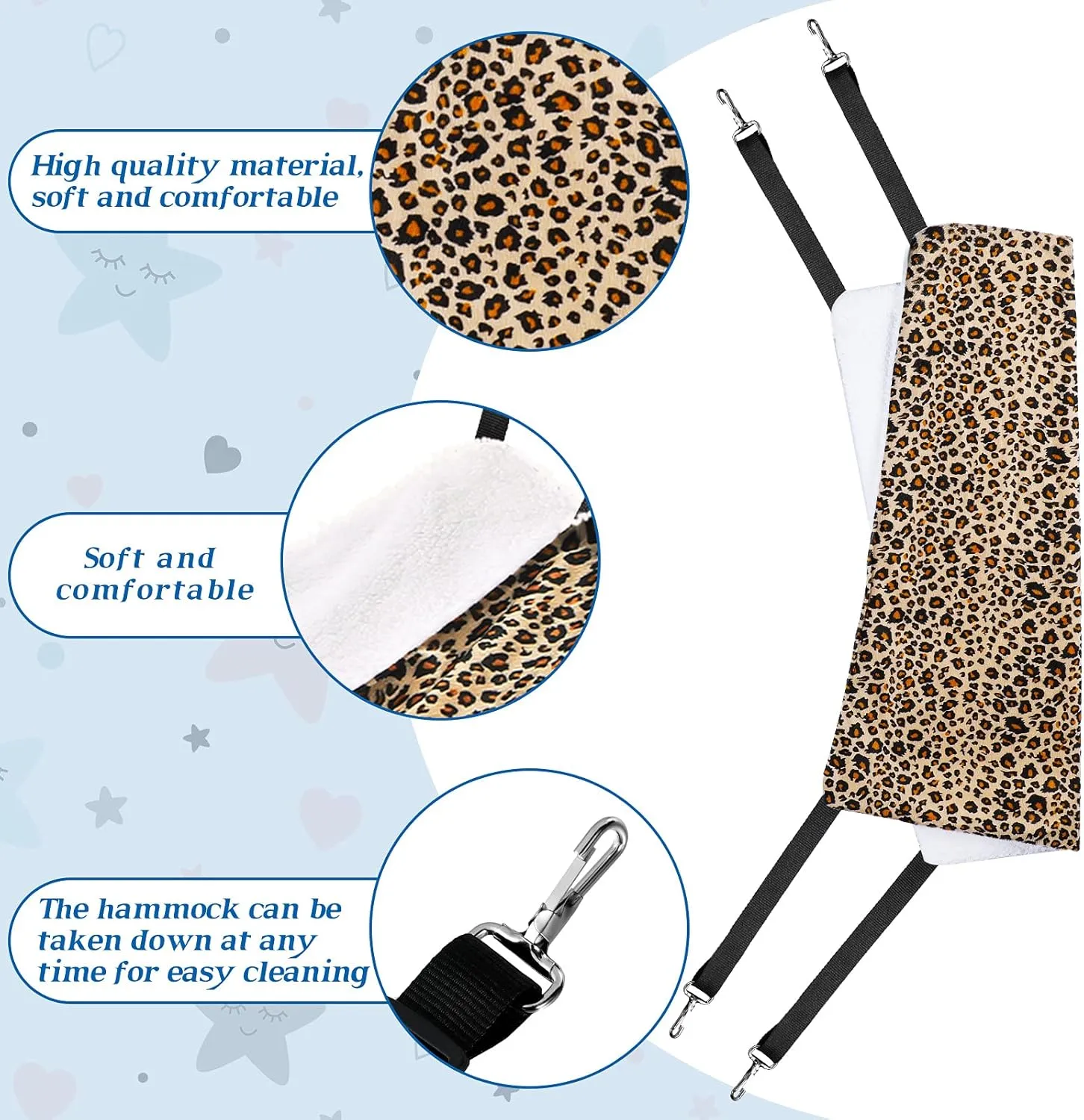 2 Pieces Reversible Cat Hanging Hammock Soft Breathable Pet Cage Hammock with Adjustable Straps and Metal Hooks Double Sided Hanging Bed for Small Dogs Rabbits(Leopard and Dot,L)