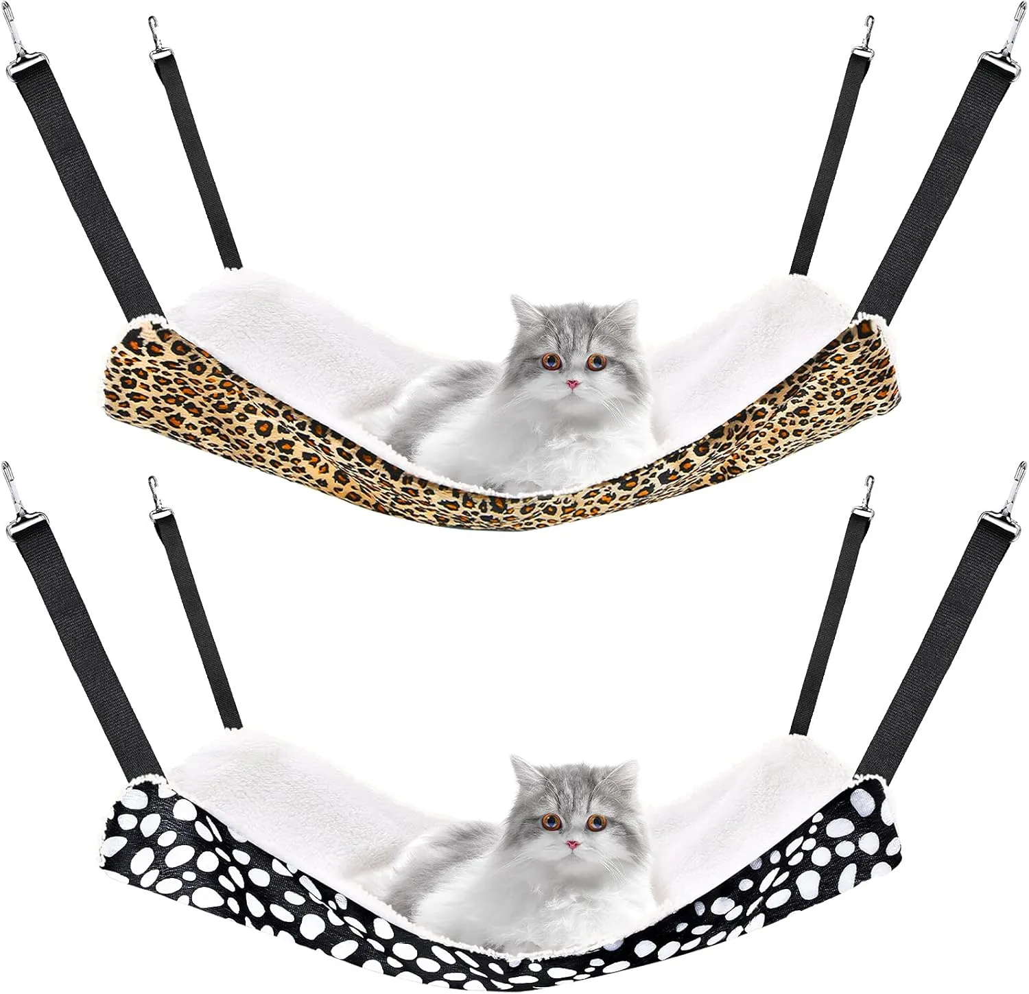 2 Pieces Reversible Cat Hanging Hammock Soft Breathable Pet Cage Hammock with Adjustable Straps and Metal Hooks Double Sided Hanging Bed for Small Dogs Rabbits(Leopard and Dot,L)