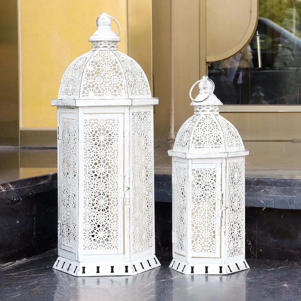 2 Set of 15 and 19.5"High White Rustic Metal Lanterns