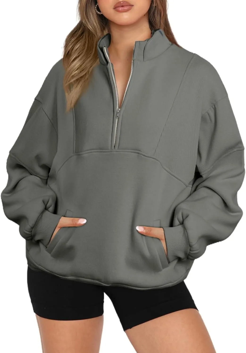BLENCOT Women Half Zip Oversized Sweatshirts Long Sleeve Fleece Trendy Cropped Pullover Workout Warm Tops With Pockets S-2XL