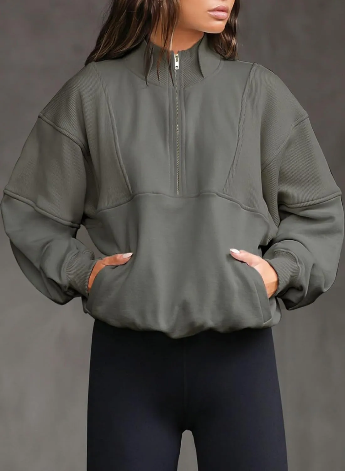 BLENCOT Women Half Zip Oversized Sweatshirts Long Sleeve Fleece Trendy Cropped Pullover Workout Warm Tops With Pockets S-2XL