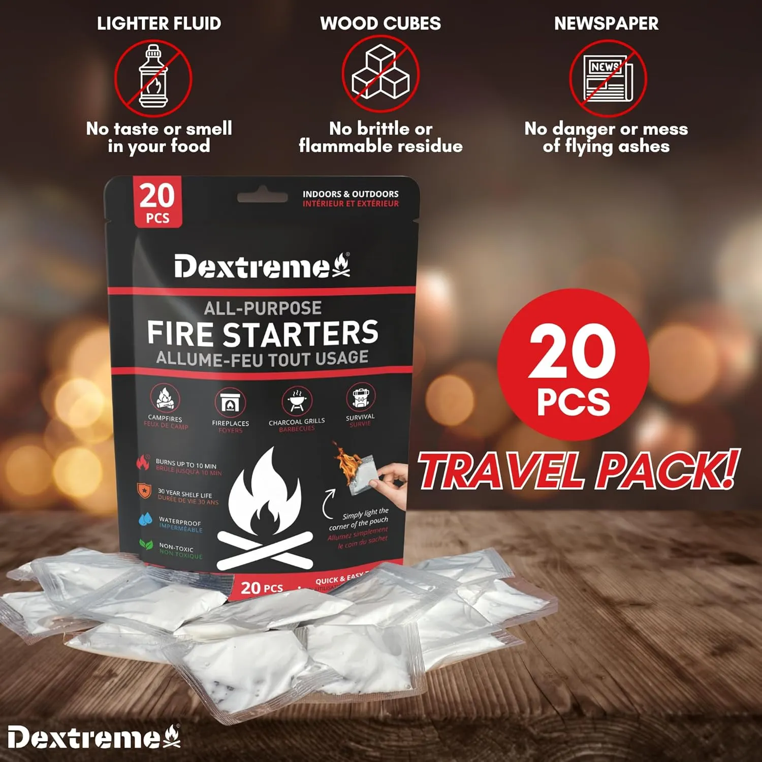 Dextreme Quick Instant Fire Starter - Waterproof All-Purpose Indoor & Outdoor Firestarter, for Charcoal Starter, Campfire, Fireplace, BBQ, Survival and Wood Stove (20 Pcs Bag)