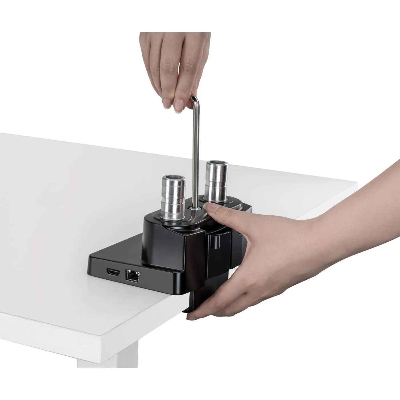 Dual Monitor Desk Mount with Integrated Docking Station