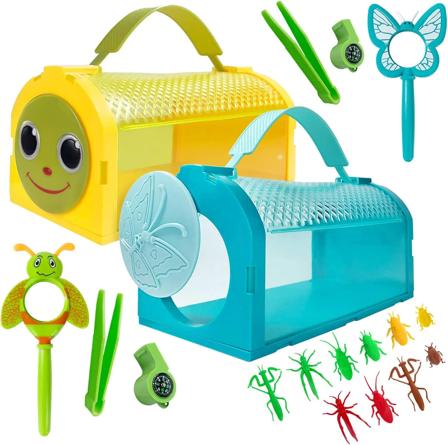 ESSENSON Bug Catcher Kit, Outdoor Toy Gift for 3 4 5 6 7 8  Year Old Boys Girls Kids, 2 Pcs Bug Cage Butterfly, Outdoor Explorer Kit with Whistles for Backyard Exploration