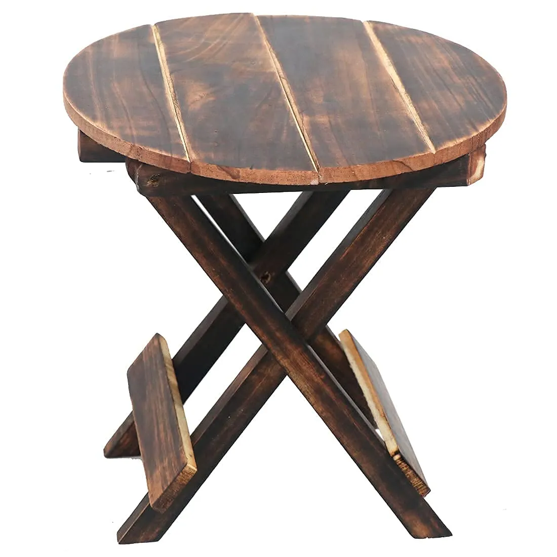 ETIQUETTE ART Wooden Folding Side Table - Antique Handmade Foldable Coffee Table for Living Room, Garden, Outdoor - Corner Table/Bedside Stool for Bedroom - 12 Inch Brown Round
