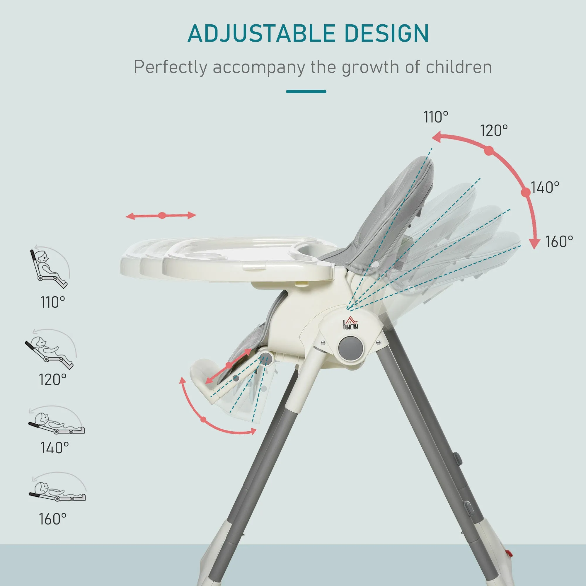 Foldable Baby High Chair Convertible to Toddler Chair Height Adjustable with Removable Tray 5-Point Harness Mobile with Wheels Grey