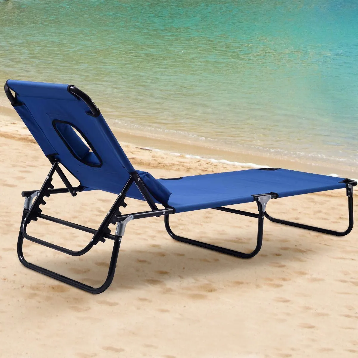 Goplus Folding Chaise Lounge Chair Bed Outdoor Patio Beach Camping Recliner w/ Hole for face Pool Yard