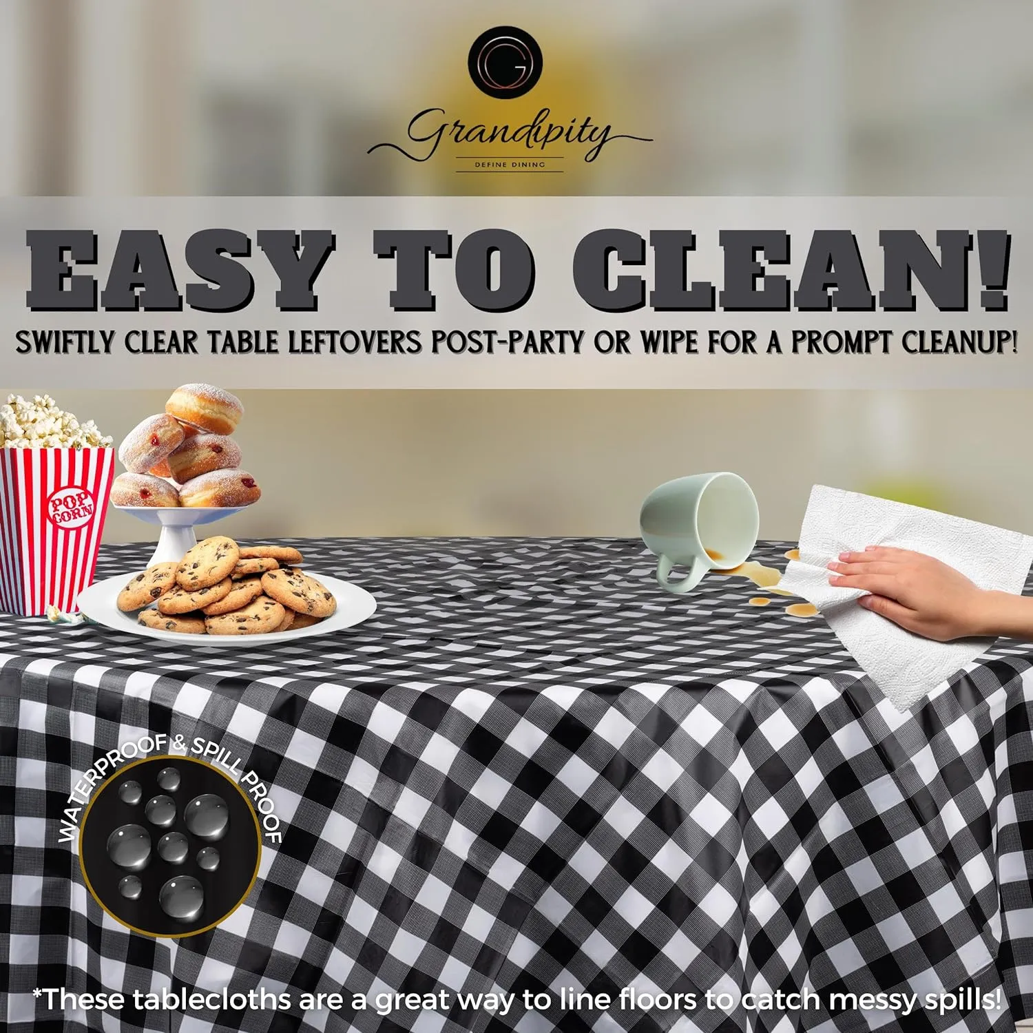 Grandipity Black Gingham Checkered Plastic Table Cloth Disposable (6 Pk) 84in Round Tablecloth Premium Party Table Cloths Disposable - Perfect Table Cloth Round Cover for Any Table Up to 6 Feet