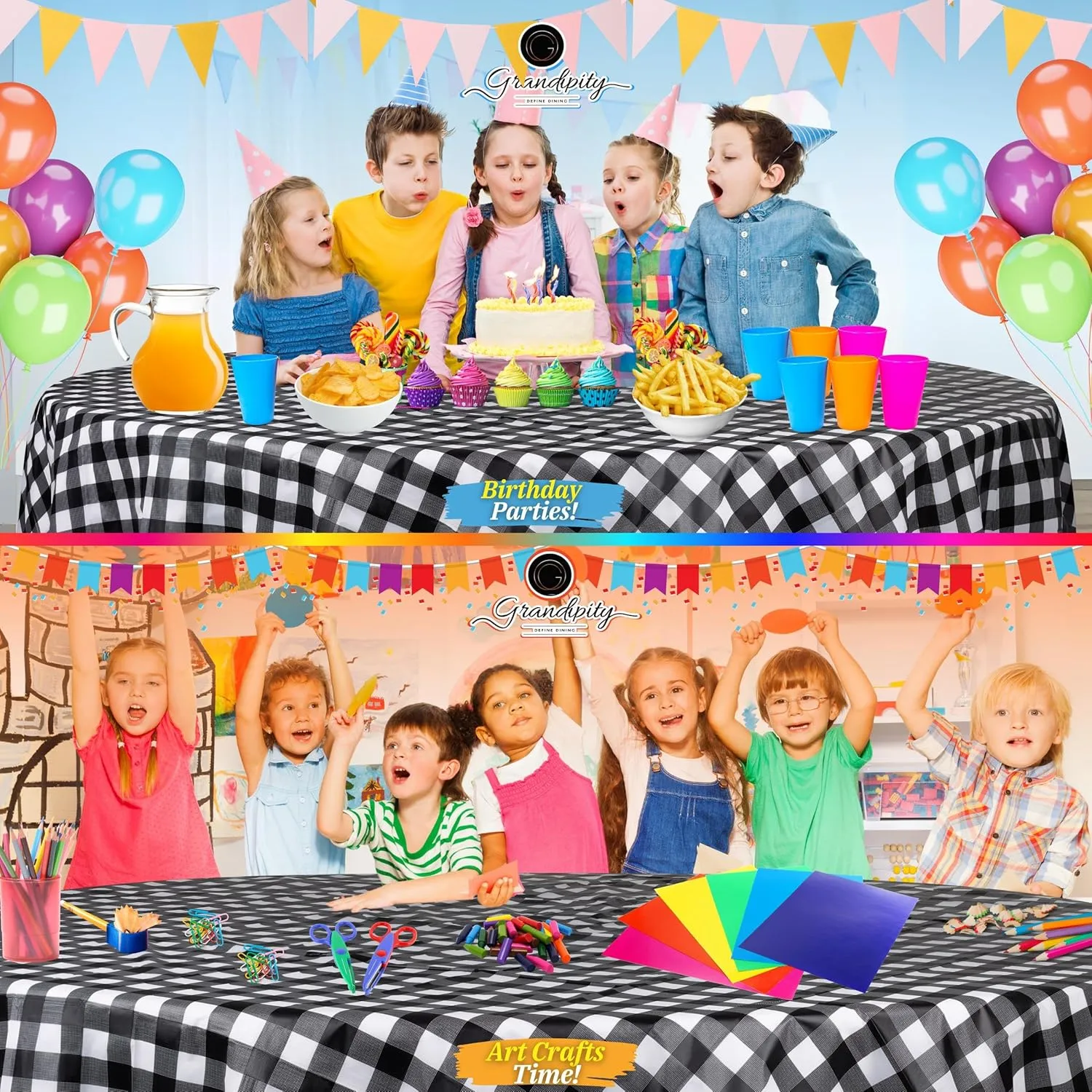 Grandipity Black Gingham Checkered Plastic Table Cloth Disposable (6 Pk) 84in Round Tablecloth Premium Party Table Cloths Disposable - Perfect Table Cloth Round Cover for Any Table Up to 6 Feet