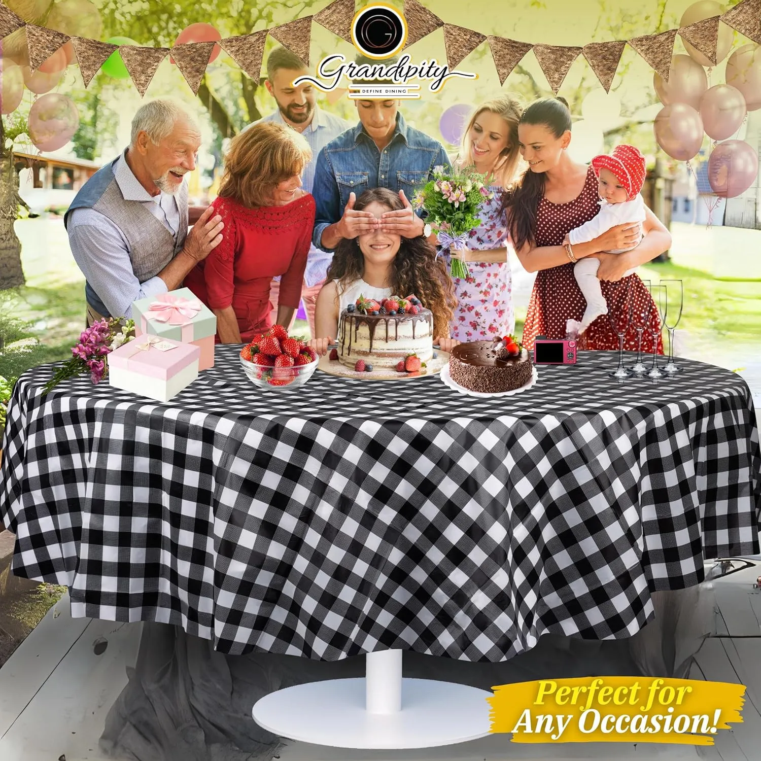 Grandipity Black Gingham Checkered Plastic Table Cloth Disposable (6 Pk) 84in Round Tablecloth Premium Party Table Cloths Disposable - Perfect Table Cloth Round Cover for Any Table Up to 6 Feet
