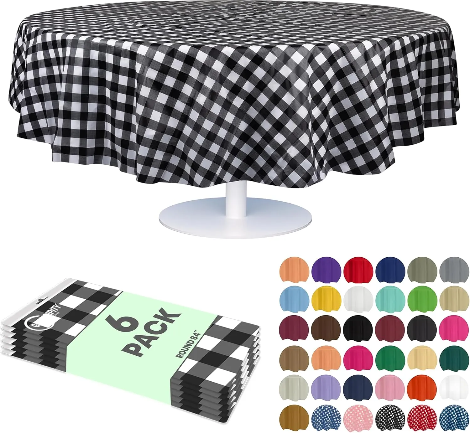 Grandipity Black Gingham Checkered Plastic Table Cloth Disposable (6 Pk) 84in Round Tablecloth Premium Party Table Cloths Disposable - Perfect Table Cloth Round Cover for Any Table Up to 6 Feet