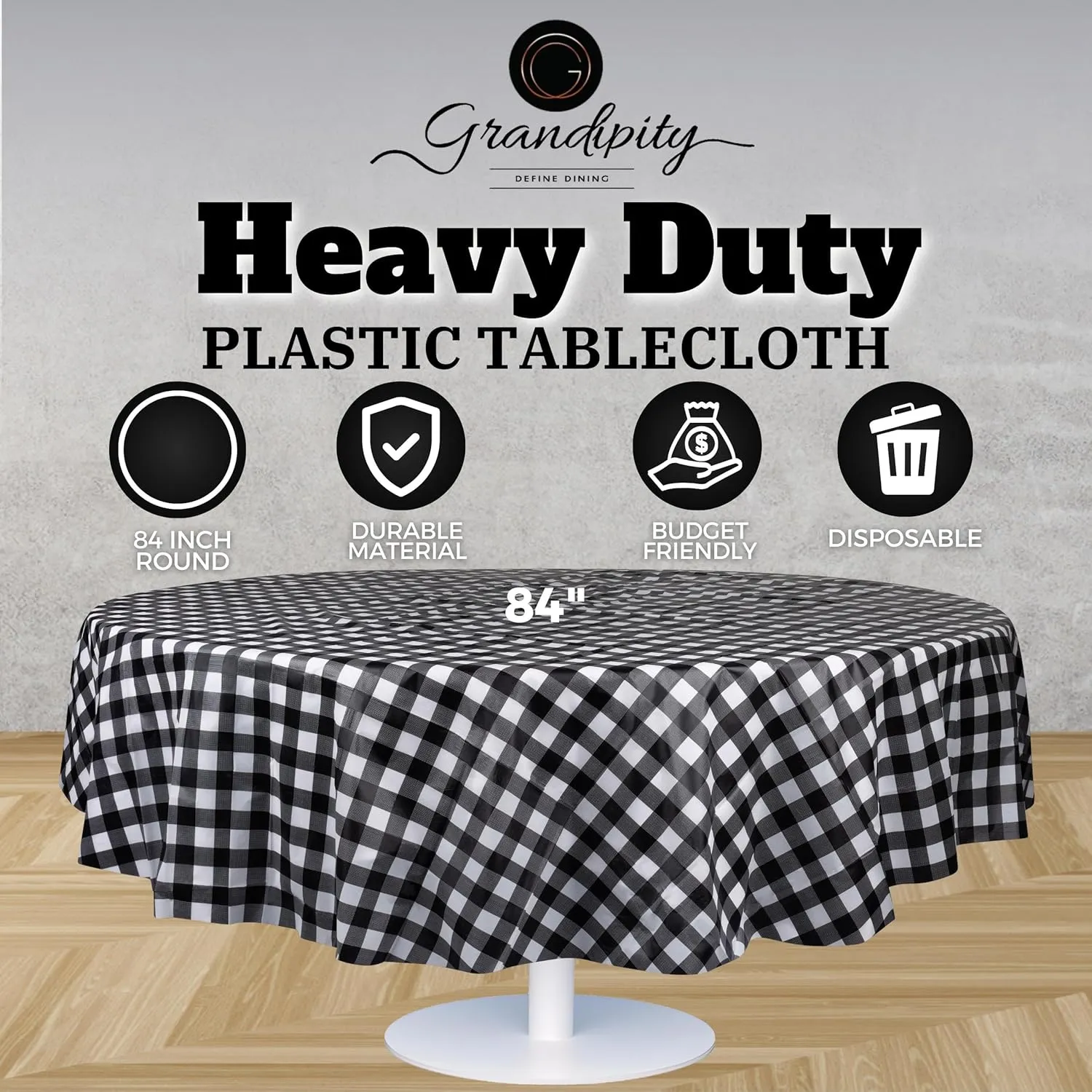 Grandipity Black Gingham Checkered Plastic Table Cloth Disposable (6 Pk) 84in Round Tablecloth Premium Party Table Cloths Disposable - Perfect Table Cloth Round Cover for Any Table Up to 6 Feet