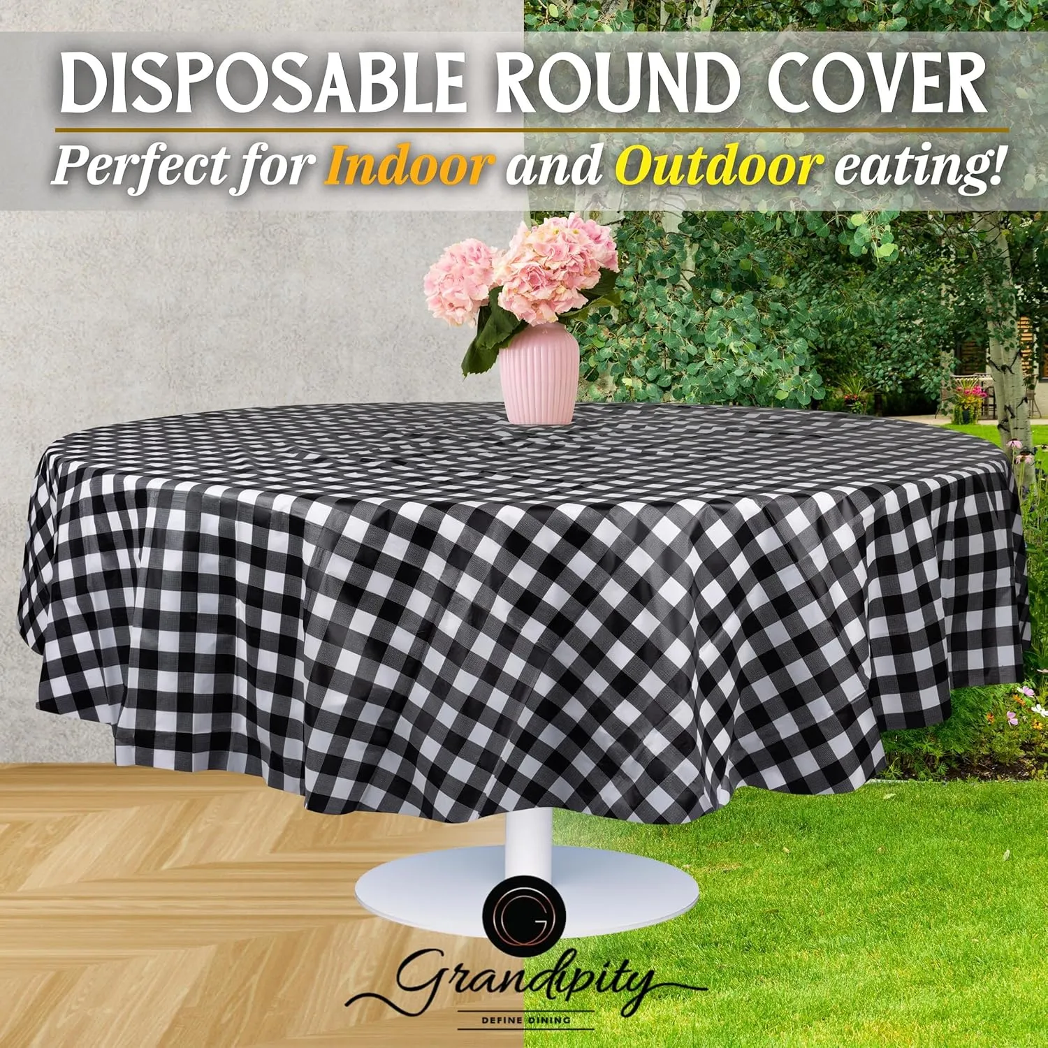 Grandipity Black Gingham Checkered Plastic Table Cloth Disposable (6 Pk) 84in Round Tablecloth Premium Party Table Cloths Disposable - Perfect Table Cloth Round Cover for Any Table Up to 6 Feet