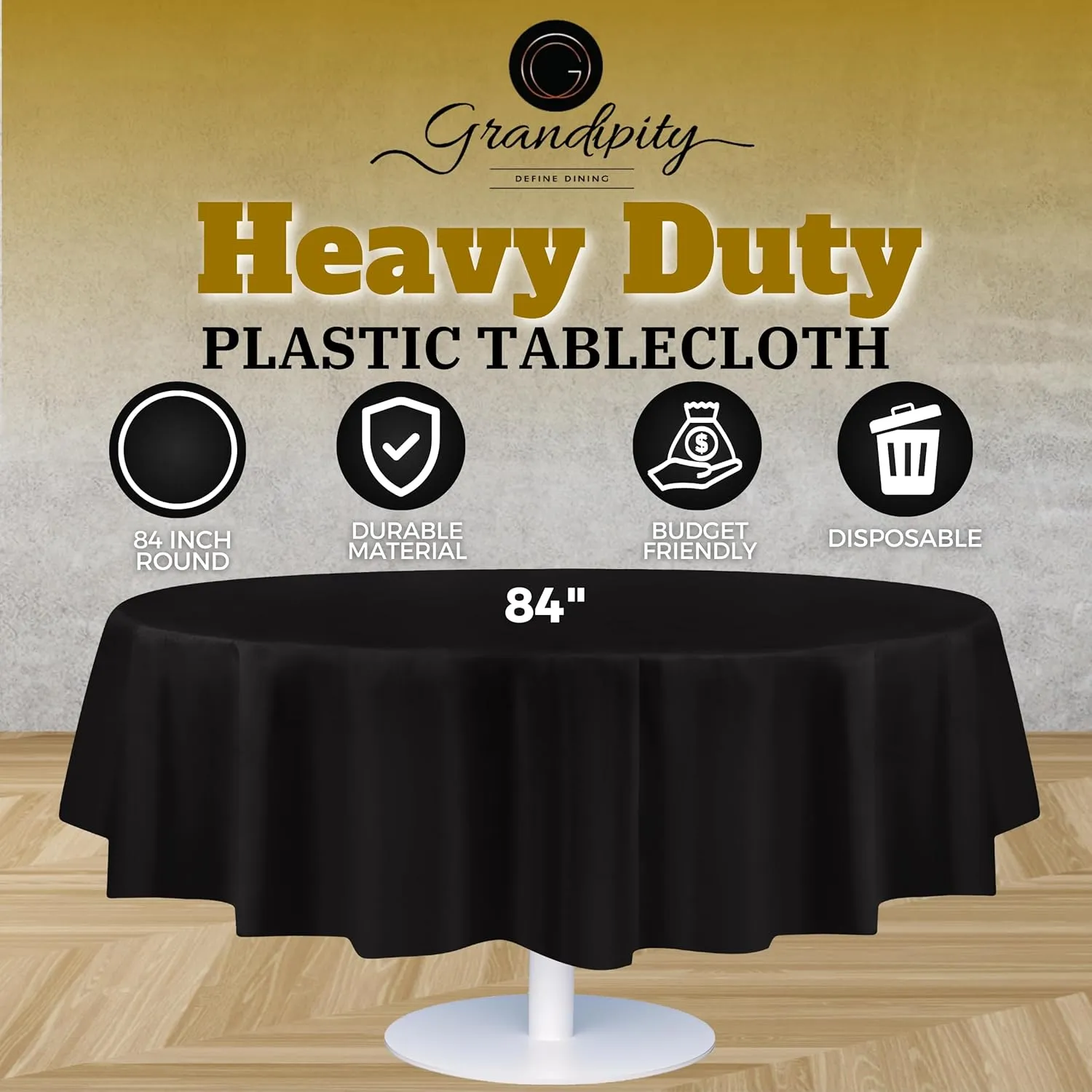 Grandipity Black Plastic Table Cloth Disposable (6 Pk) 84in Round Tablecloth Premium Party Table Cloths Disposable - Perfect Table Cloth Round Cover for Any Table Up to 6 Feet