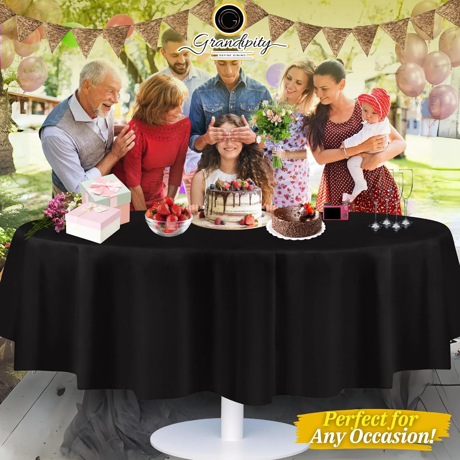 Grandipity Black Plastic Table Cloth Disposable (6 Pk) 84in Round Tablecloth Premium Party Table Cloths Disposable - Perfect Table Cloth Round Cover for Any Table Up to 6 Feet