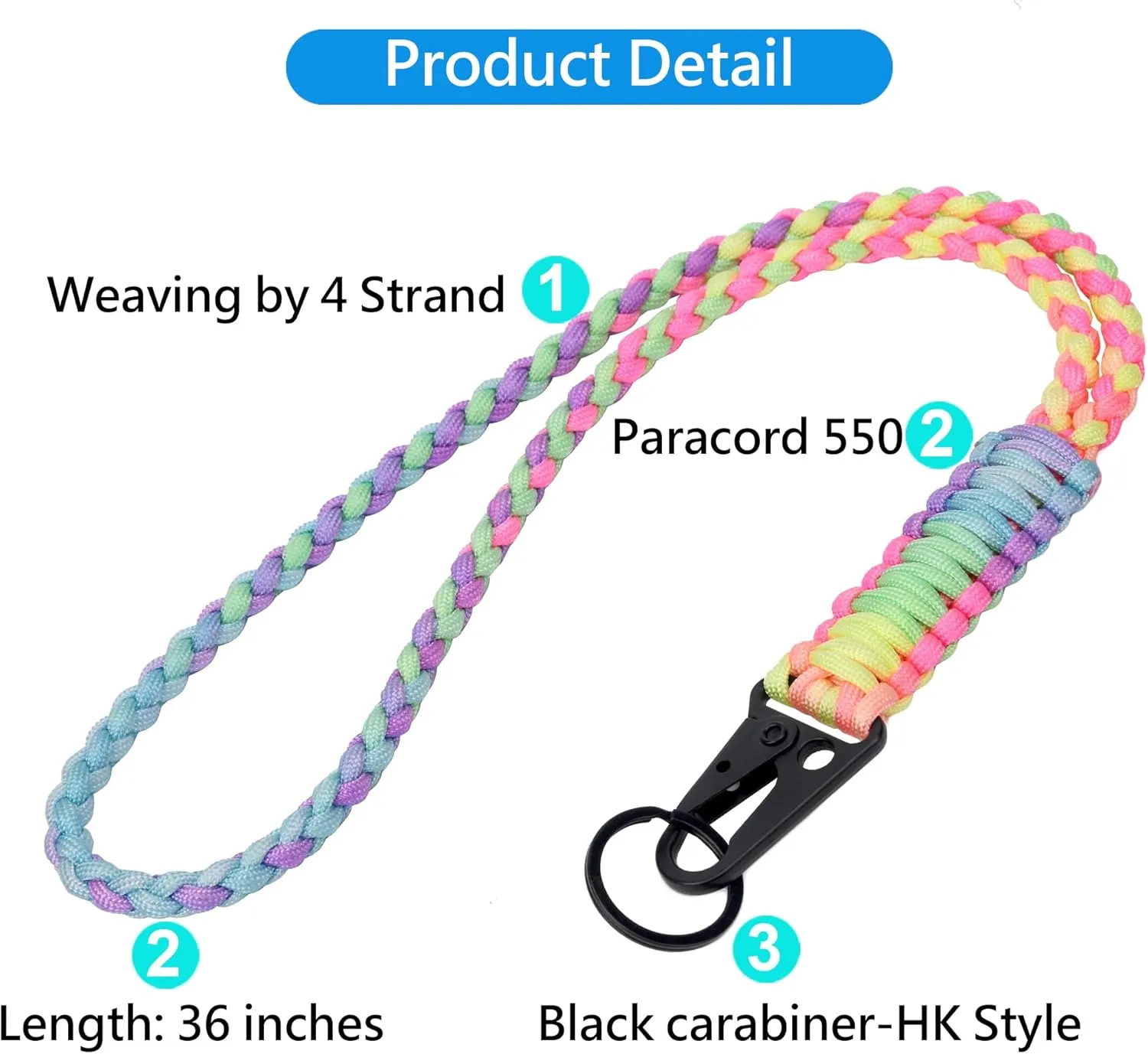Heavy Duty Paracord Lanyard Keychain, Paracord Necklace Cell Phone Keychain Whistles Wrist Braided Strap