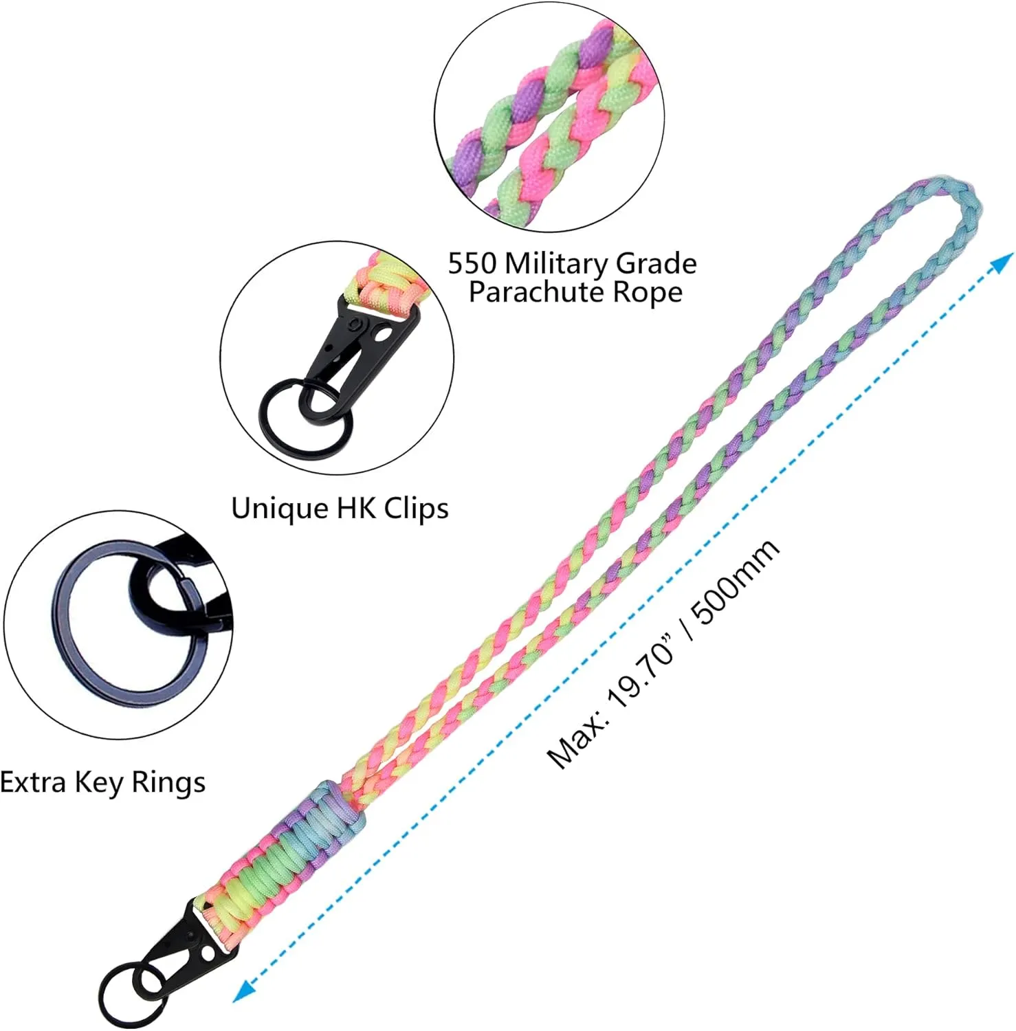 Heavy Duty Paracord Lanyard Keychain, Paracord Necklace Cell Phone Keychain Whistles Wrist Braided Strap