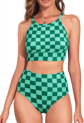 Herseas Women's Bikini Sets High Neck Tropical Leaf Print High Waisted Two Pieces Swimsuits Bathing Suits