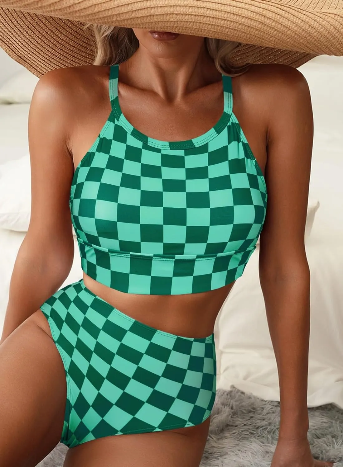 Herseas Women's Bikini Sets High Neck Tropical Leaf Print High Waisted Two Pieces Swimsuits Bathing Suits