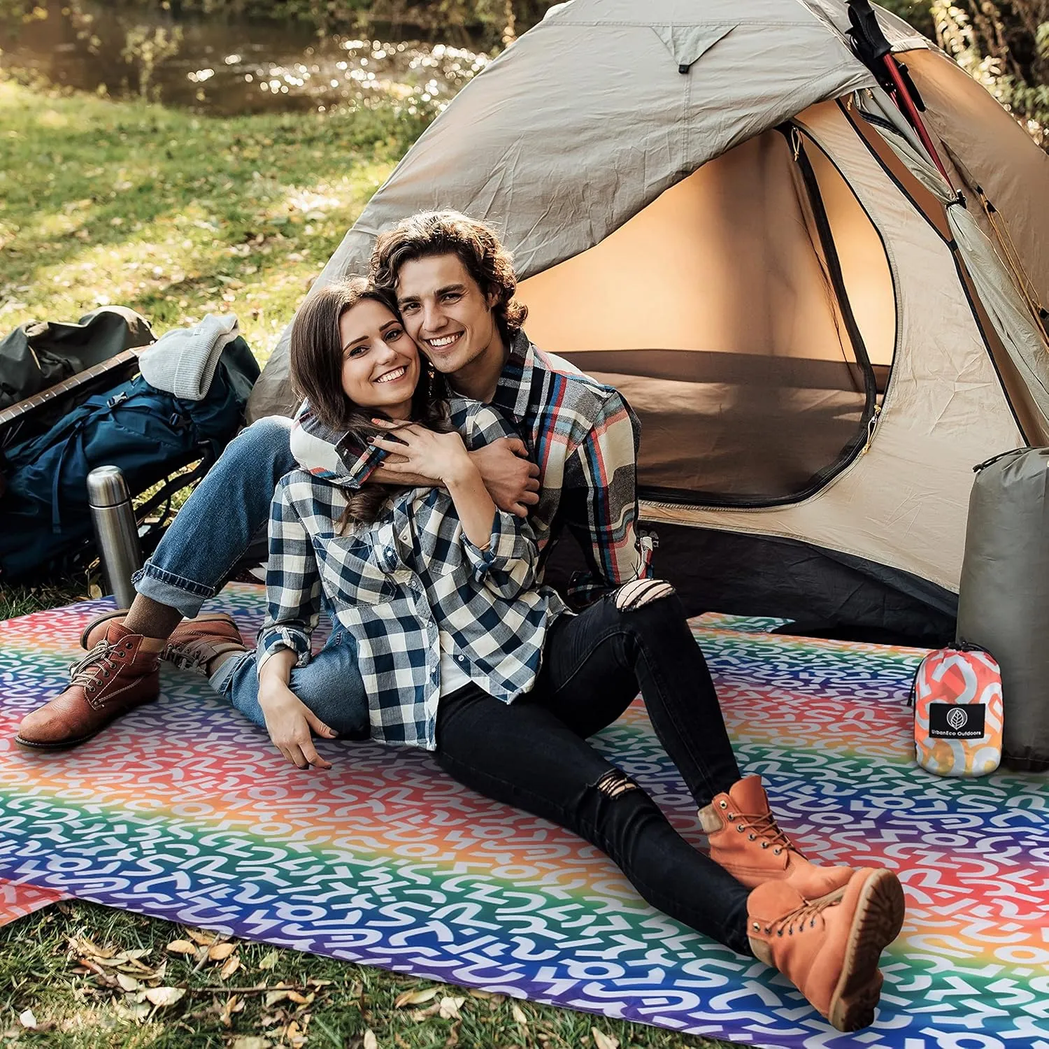 Lightweight Beach Blanket - Oversized 107" x 77" - Waterproof Sandproof - Double Anchored for Fun Leisure Beach Blanket - with Stake and Pouch - Durable Sand Beach Mat