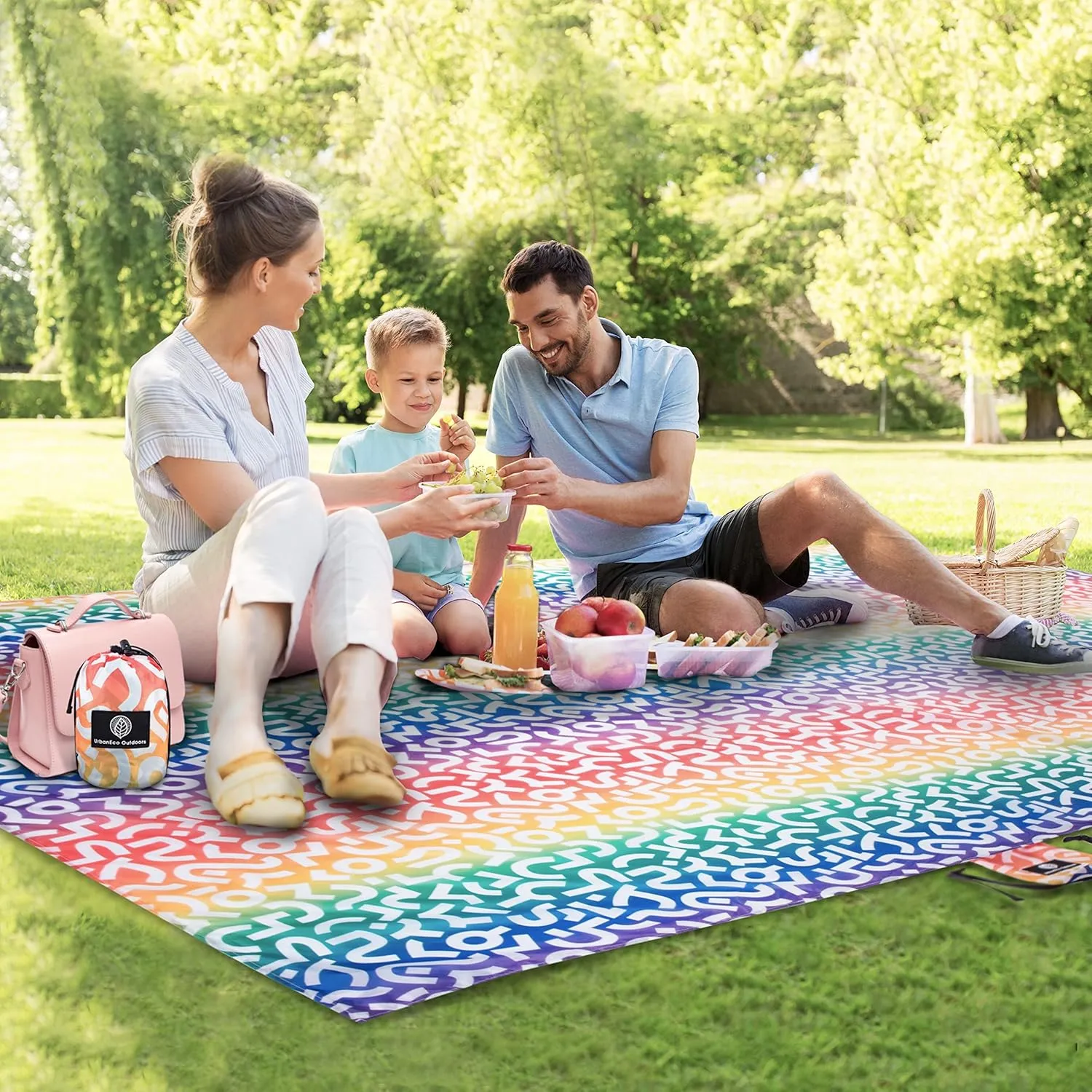 Lightweight Beach Blanket - Oversized 107" x 77" - Waterproof Sandproof - Double Anchored for Fun Leisure Beach Blanket - with Stake and Pouch - Durable Sand Beach Mat