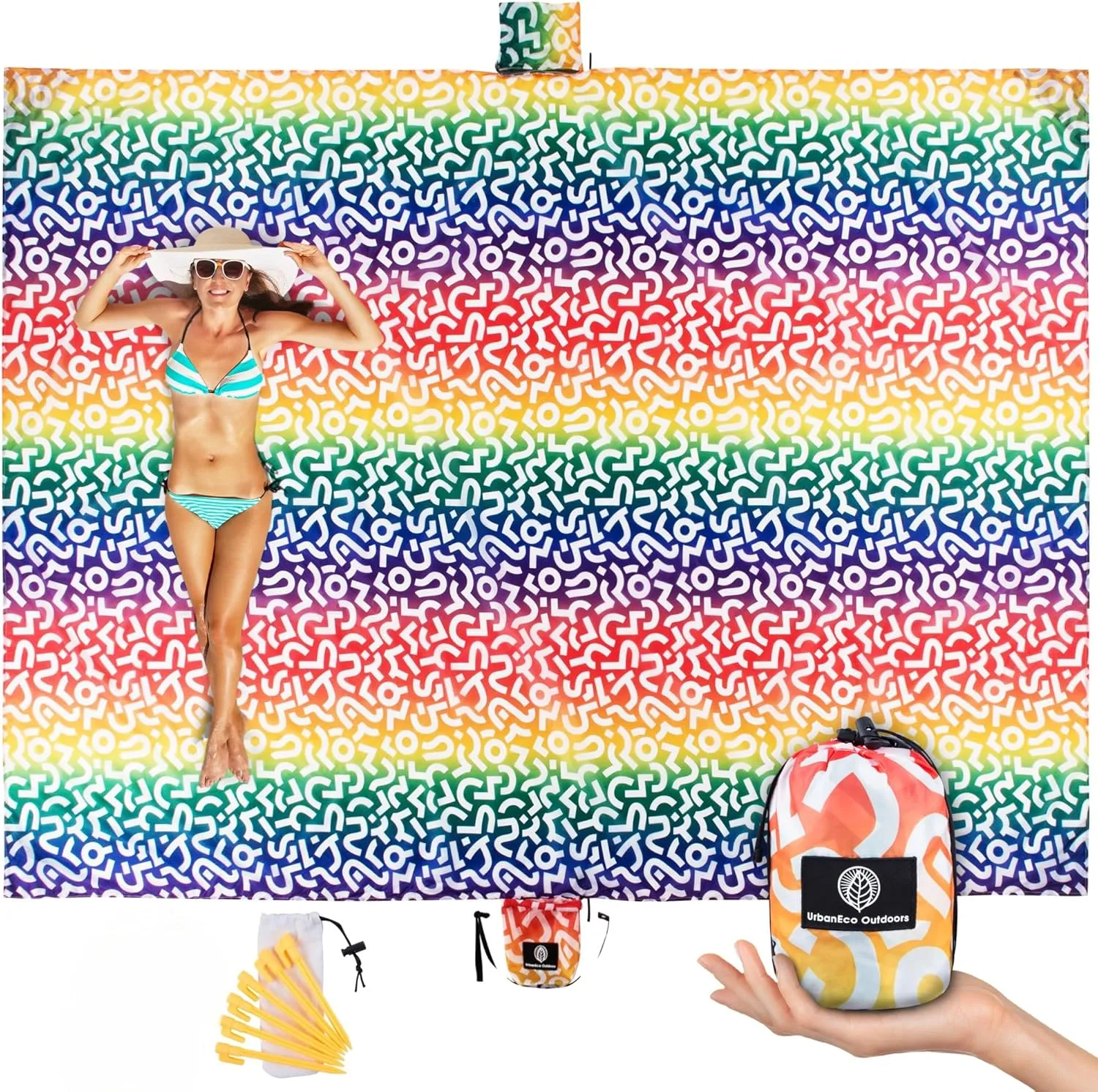 Lightweight Beach Blanket - Oversized 107" x 77" - Waterproof Sandproof - Double Anchored for Fun Leisure Beach Blanket - with Stake and Pouch - Durable Sand Beach Mat