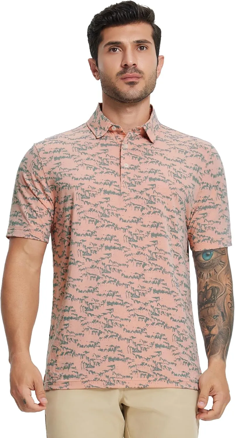 M MAELREG Golf Shirts for Men Print Performance Moisture Wicking Dry Fit Heather Stripe Collared Mens Polo Shirt Short Sleeve