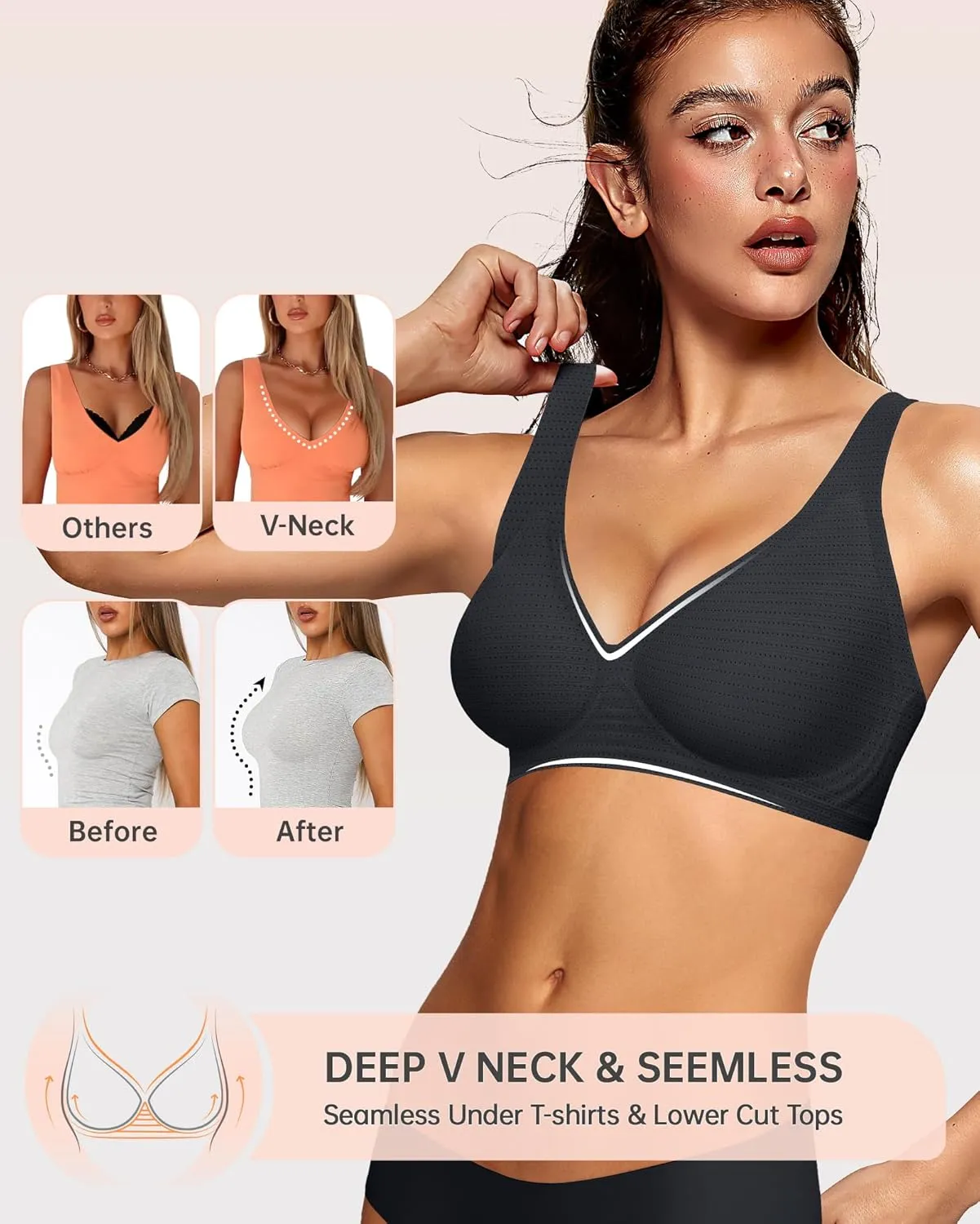 OEAK Womens Deep V Bras Wireless Comfortable Bra Supportive No Underwire Bras Tshirt Push Up Bralettes Plunge Seamless Bra