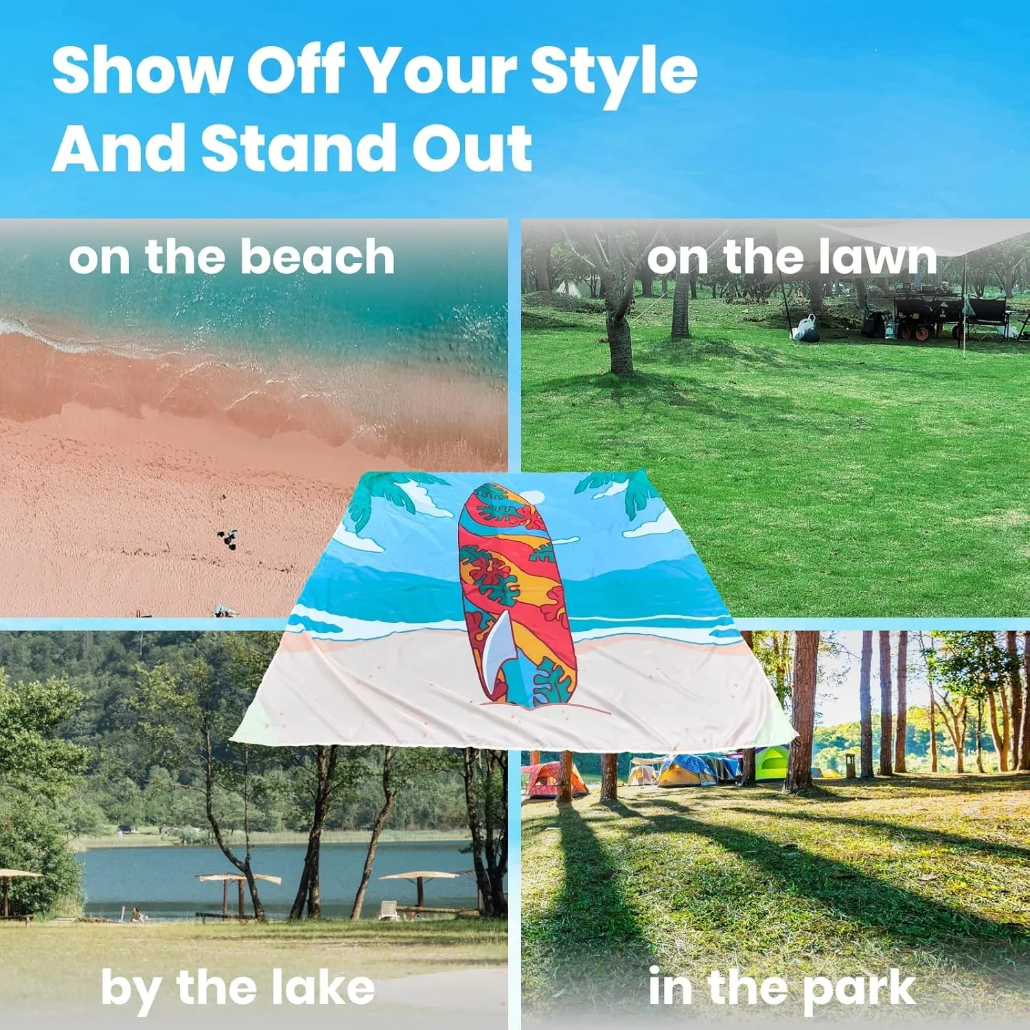 Oversized Sandproof Beach Blanket (106"x81"), Extra Large Beach Sheet for Up to 8 People. Sandfree Beach Mat, Big Sand Blankets for Beach with Sand Bags and Stakes. (Surfboard)