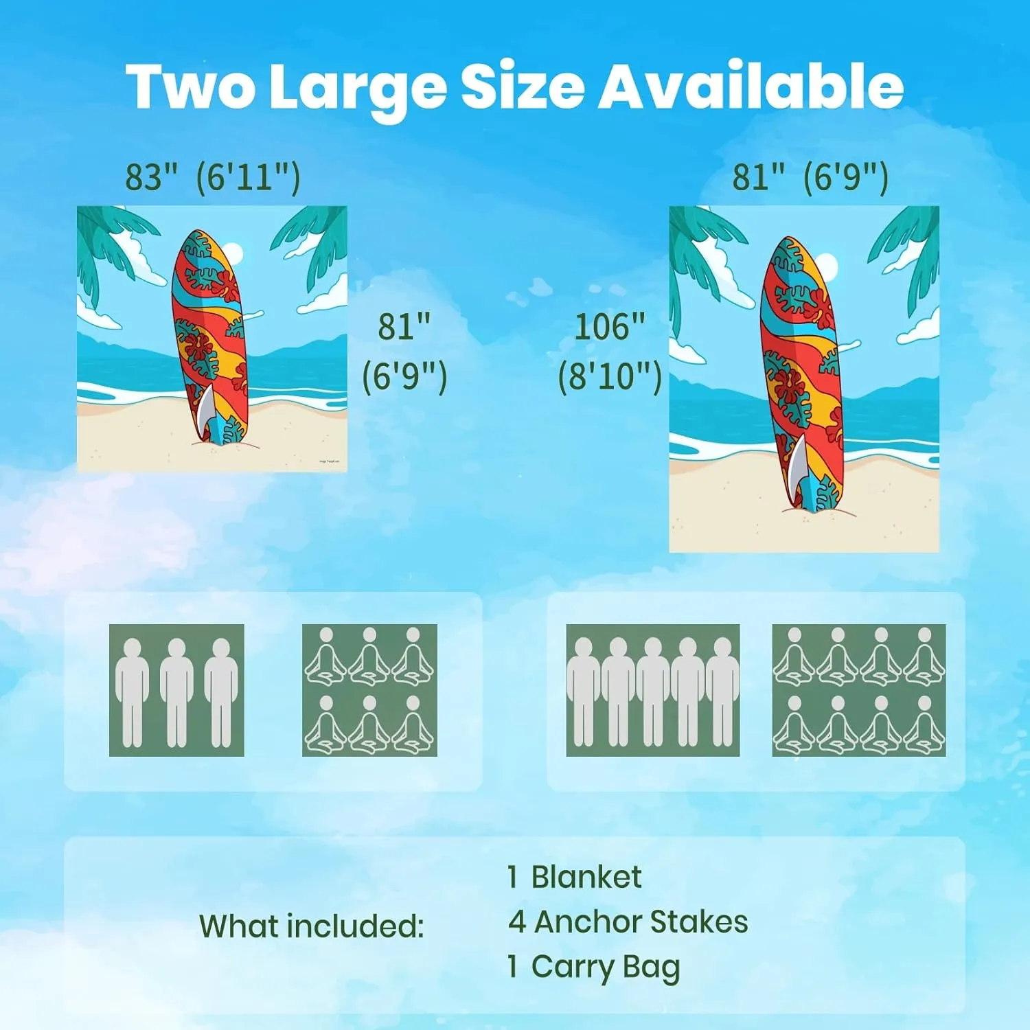 Oversized Sandproof Beach Blanket (106"x81"), Extra Large Beach Sheet for Up to 8 People. Sandfree Beach Mat, Big Sand Blankets for Beach with Sand Bags and Stakes. (Surfboard)