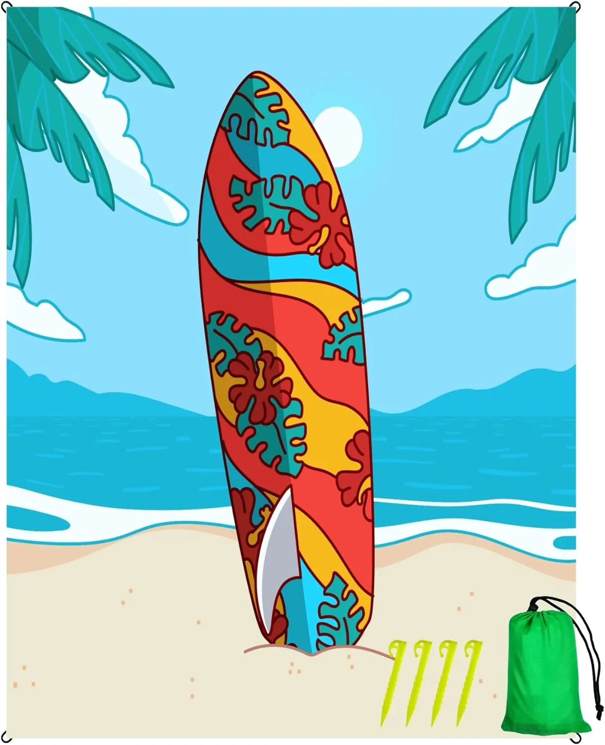 Oversized Sandproof Beach Blanket (106"x81"), Extra Large Beach Sheet for Up to 8 People. Sandfree Beach Mat, Big Sand Blankets for Beach with Sand Bags and Stakes. (Surfboard)