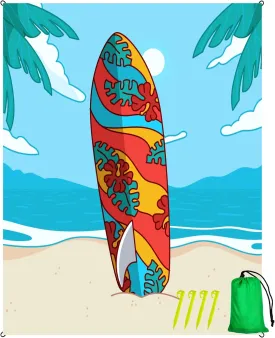 Oversized Sandproof Beach Blanket (106"x81"), Extra Large Beach Sheet for Up to 8 People. Sandfree Beach Mat, Big Sand Blankets for Beach with Sand Bags and Stakes. (Surfboard)