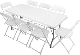 Plastic Folding Table Set with White Folding Chairs for Picnic, Event, Training, Outdoor Activities, at Home and Commercial Use