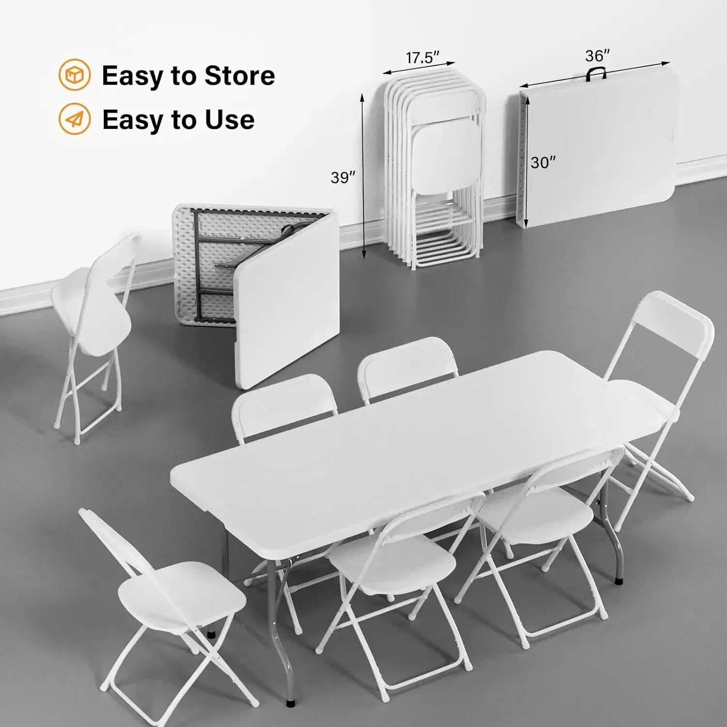 Plastic Folding Table Set with White Folding Chairs for Picnic, Event, Training, Outdoor Activities, at Home and Commercial Use