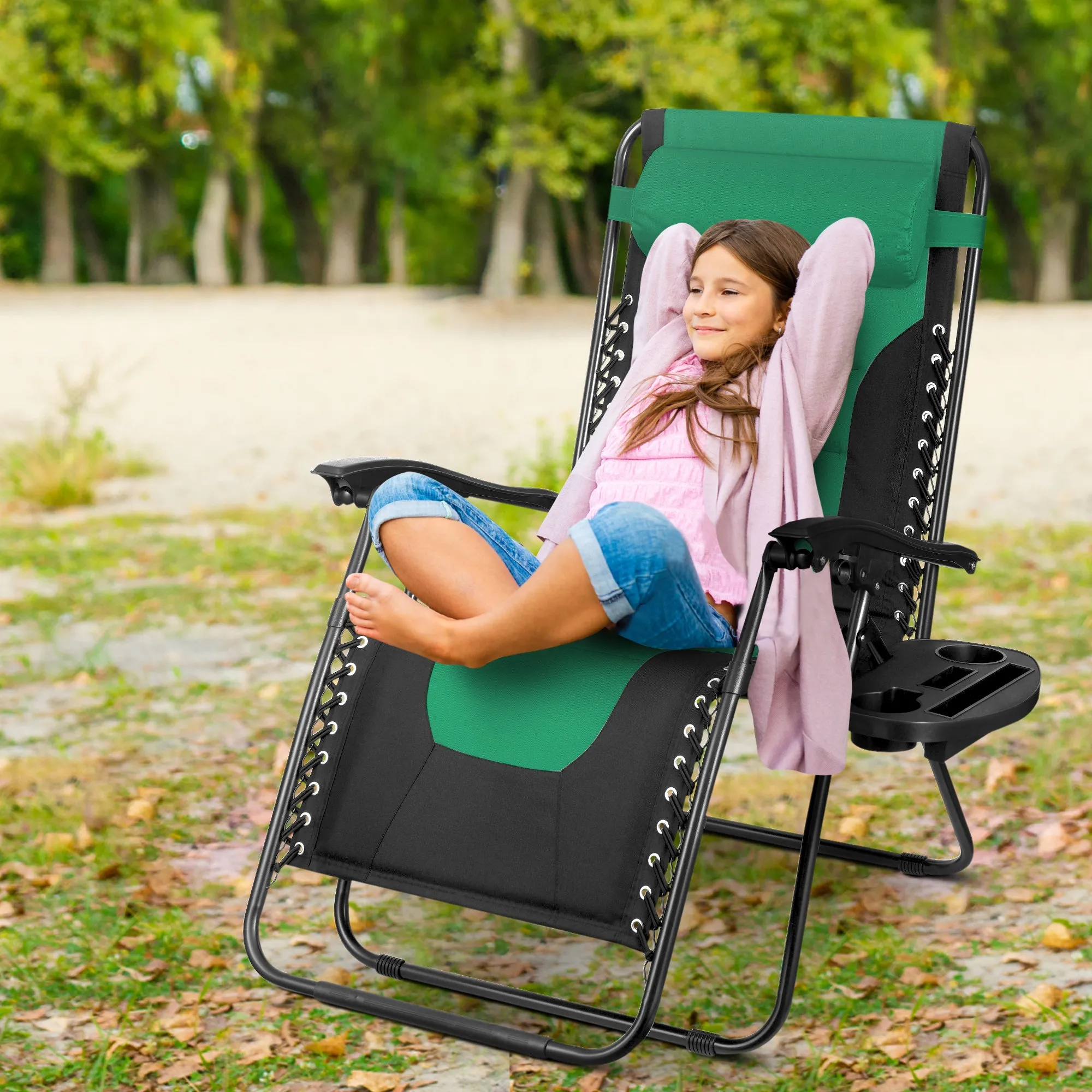 Set of 2 - Zero Gravity Recliner Chairs, Outdoor & Garden Sun loungers with Padded Seats and Adjustable Headrests Pillows with Cup & Phone Holder XXL