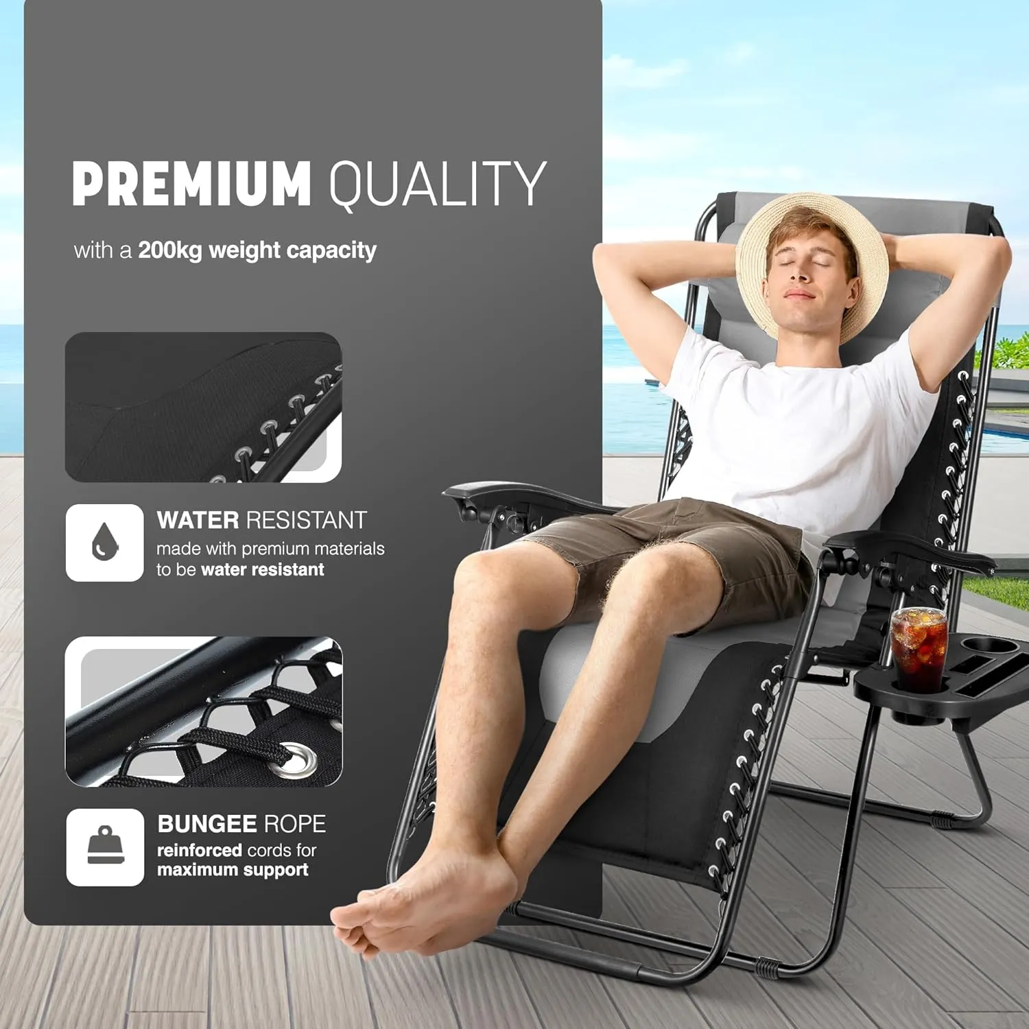 Set of 2 - Zero Gravity Recliner Chairs, Outdoor & Garden Sun loungers with Padded Seats and Adjustable Headrests Pillows with Cup & Phone Holder XXL