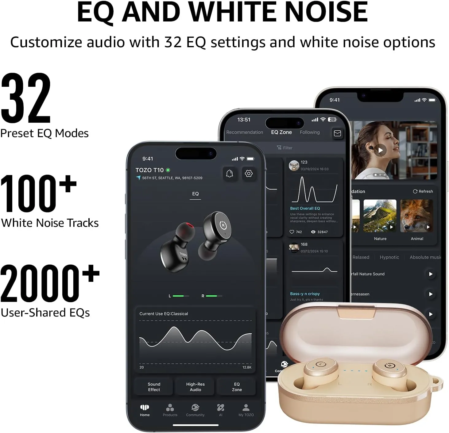 TOZO T10 True Wireless Bluetooth 5.3 Earbuds, 45H Playtime, Wireless Charging Case, IPX8 Waterproof Stereo Headphones in Ear Built in Mic Headset Premium Sound with Deep Bass, 32 Preset EQs via APP