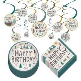 Wilderness Adventure Paper Dessert Plates, Napkins, and Hanging Decorations for Woodland Theme & Wild One Birthdays (Serves 16)