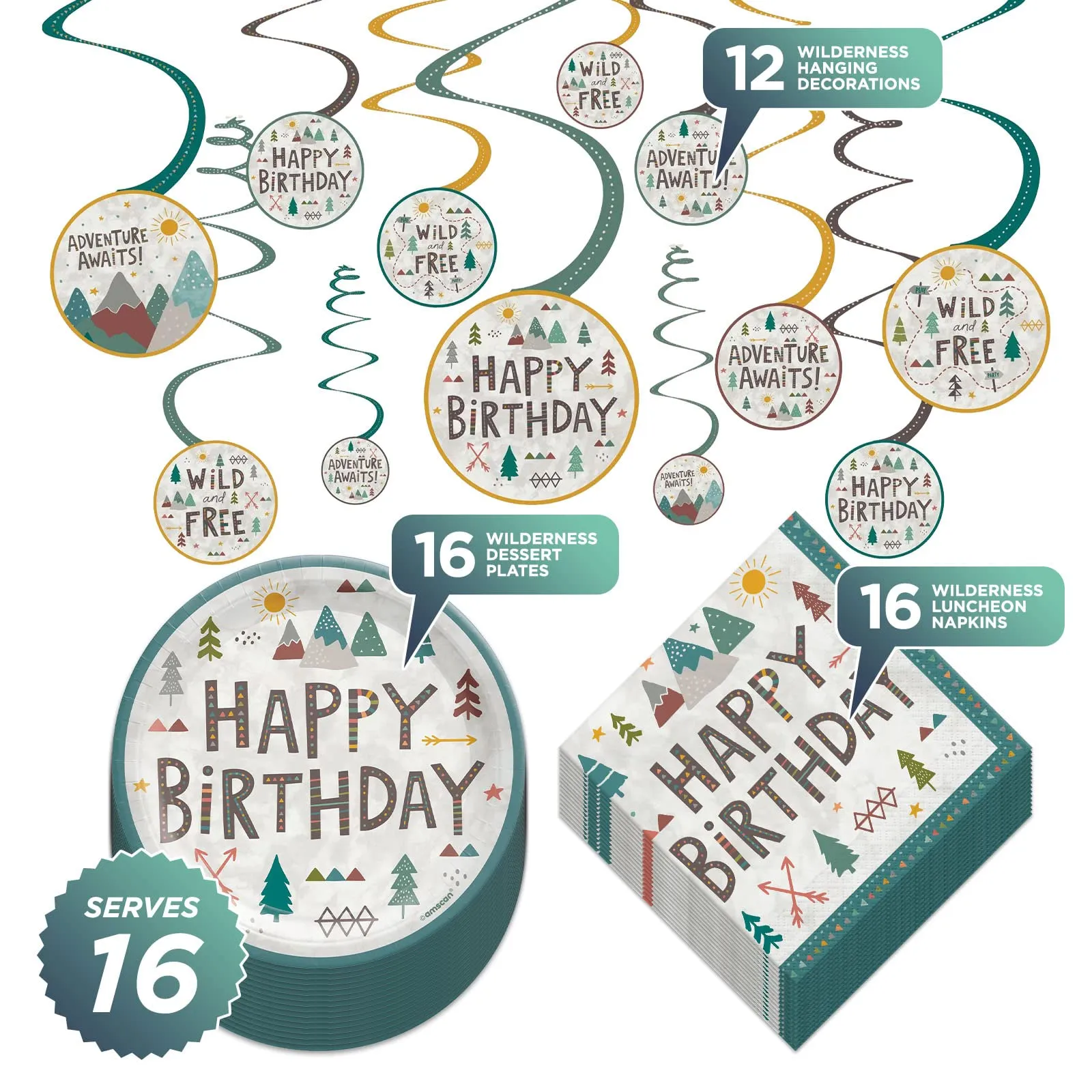 Wilderness Adventure Paper Dessert Plates, Napkins, and Hanging Decorations for Woodland Theme & Wild One Birthdays (Serves 16)