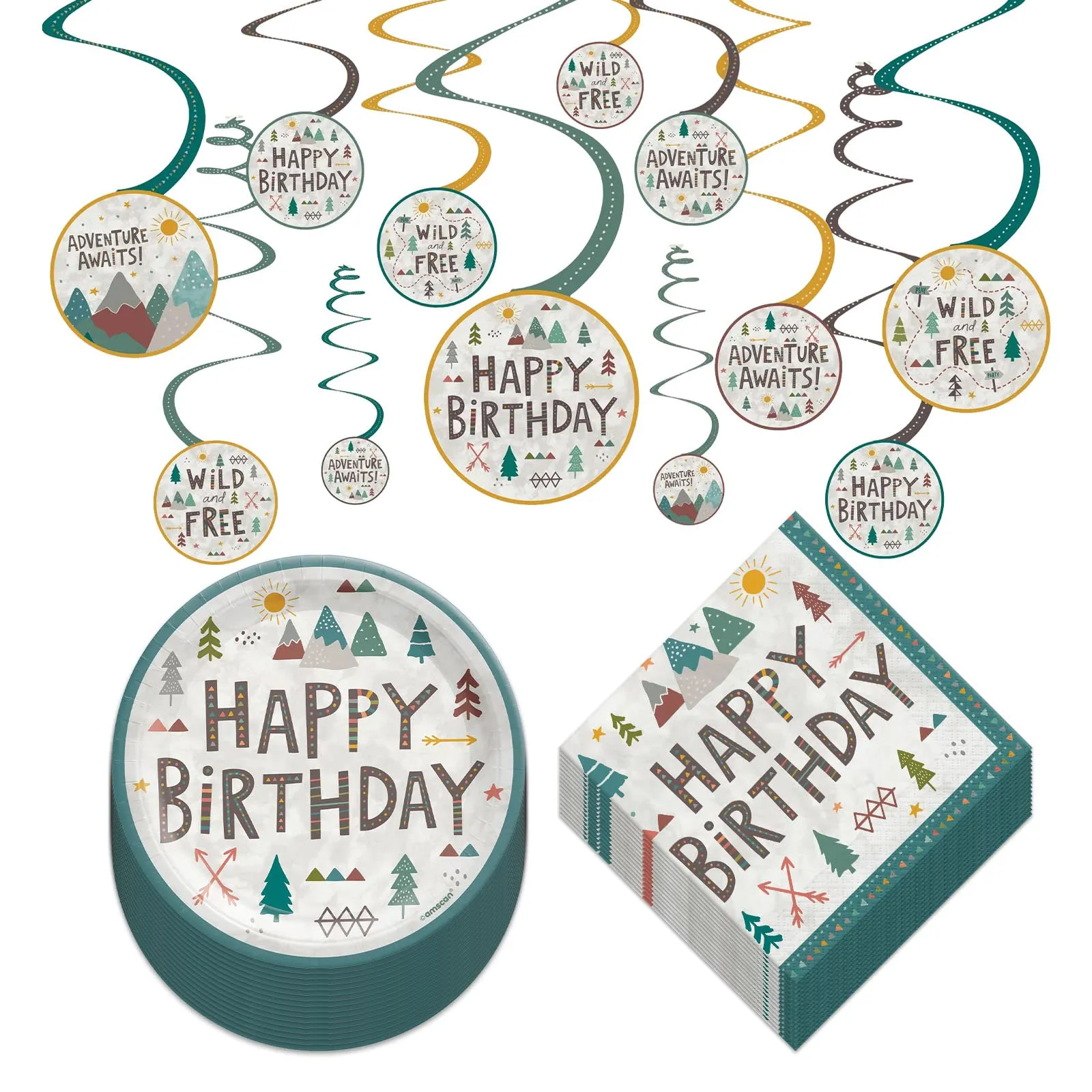 Wilderness Adventure Paper Dessert Plates, Napkins, and Hanging Decorations for Woodland Theme & Wild One Birthdays (Serves 16)