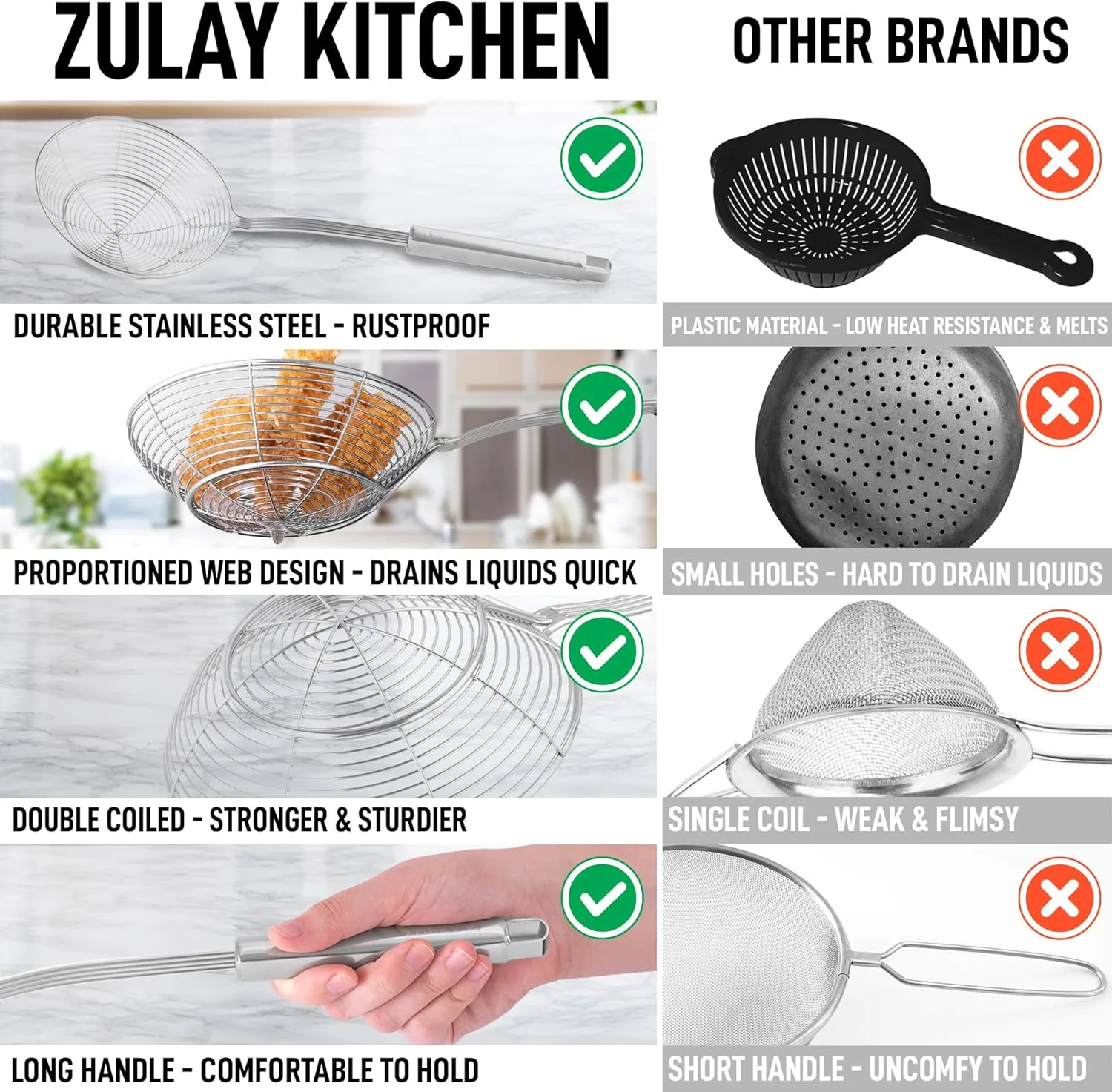 Zulay Kitchen Premium Stainless Steel Spider Skimmer 15.4 - Spider Kitchen Utensil with Premium Ergonomic Handles for Easy Use - Easy to Clean - Perfect for at Home Cooks & Chefs